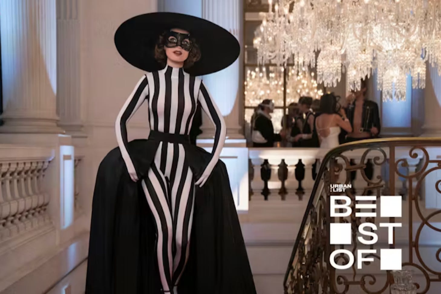 Emily In Paris in a stunning black and white catsuit.